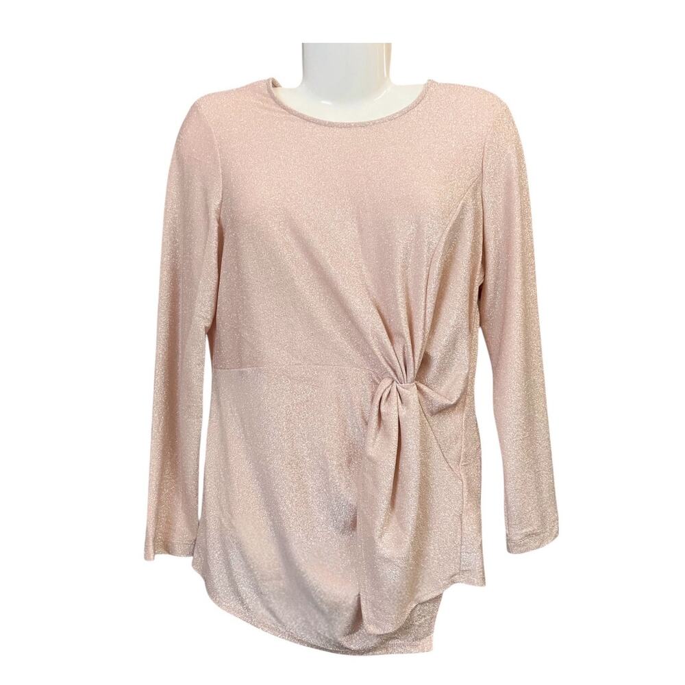 Karen Kane Women's Pink Sparkly Long-Slv Front Twist Asymmetrical Hem Top SZ L